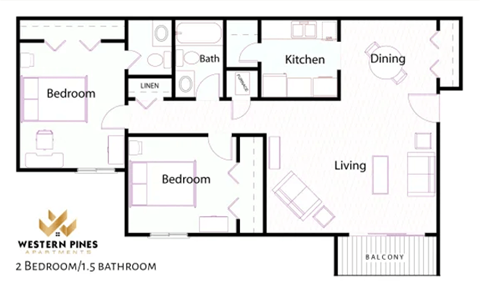 Floor plan for 2 beds, 1.5 baths, 1042 sqft